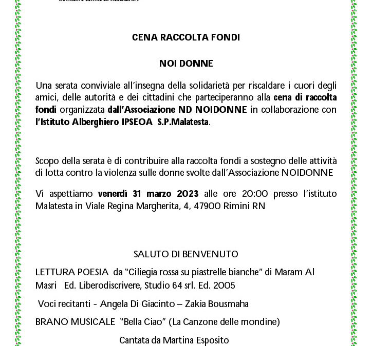 Associazione ND NOIDONNE organizza un evento in collaborazione con l’ISTITUTO ALBERGHIERO IPSEOA S.P. Malatesta.